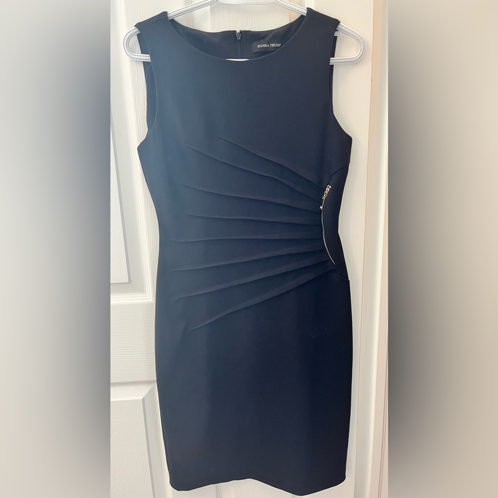Ivanka Trump dark navy blue Pleated Sheath Dress with Side Zip Detail